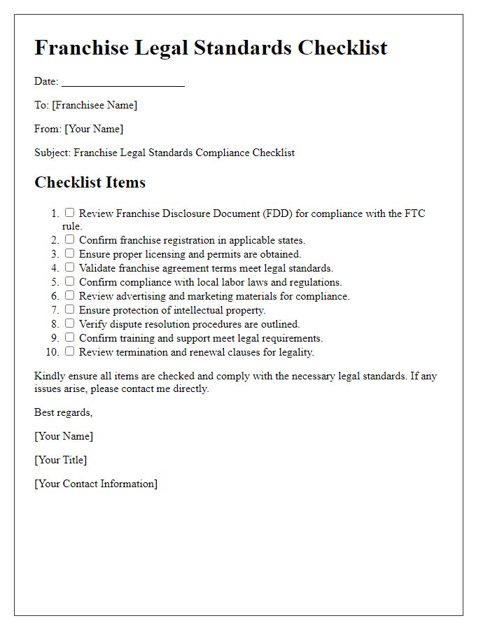 Letter template of franchise legal standards checklist