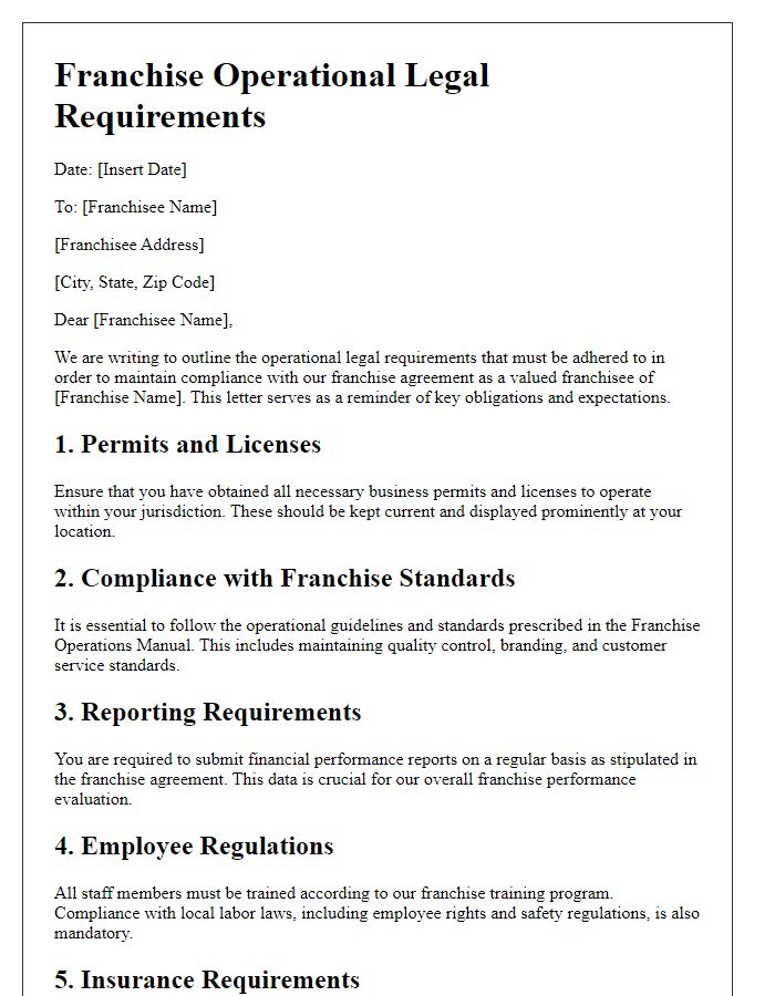 Letter template of franchise operational legal requirements