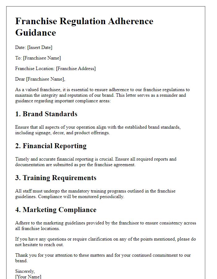 Letter template of franchise regulation adherence guidance