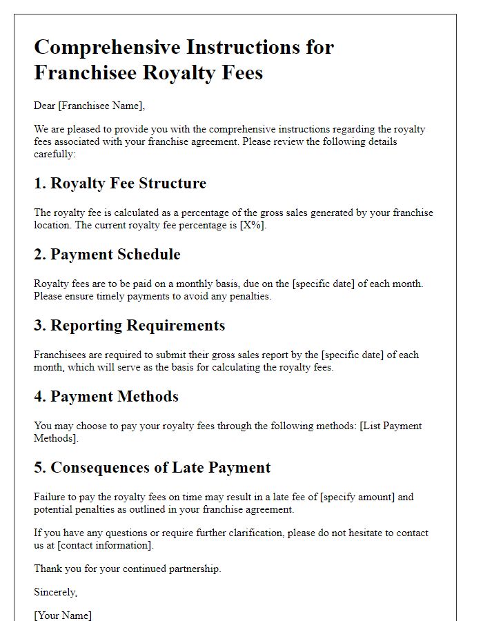 Letter template of Comprehensive Instructions for Franchisee Royalty Fees