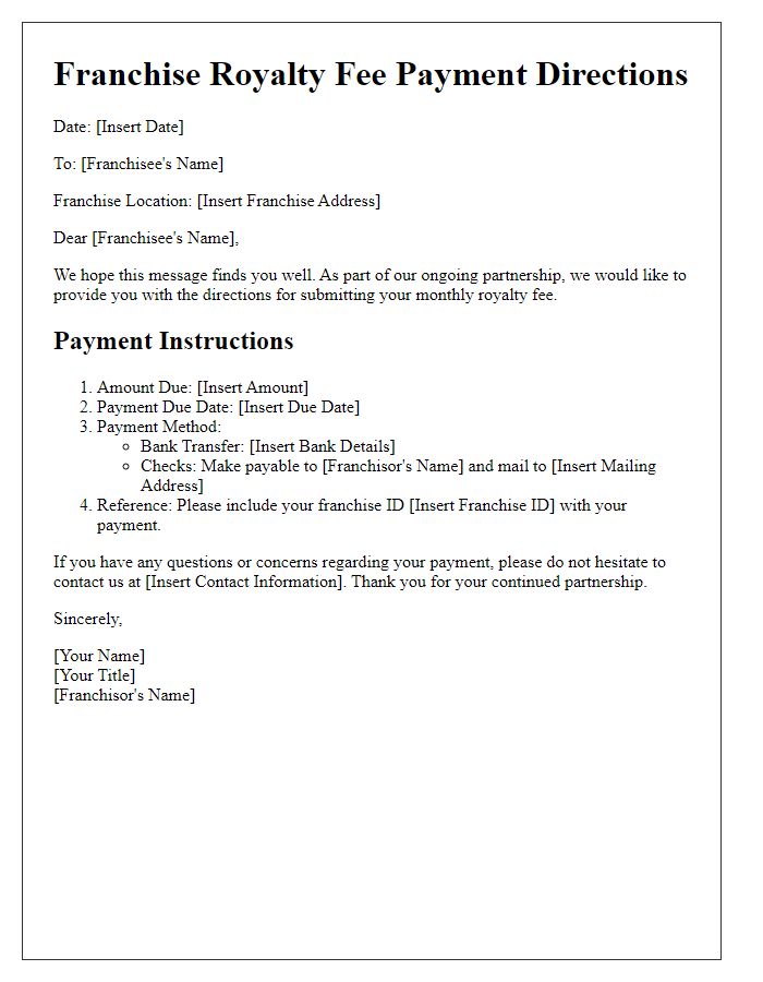 Letter template of Franchise Royalty Fee Payment Directions