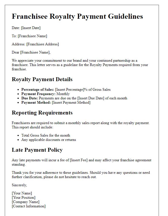 Letter template of Franchisee Royalty Payment Guidelines