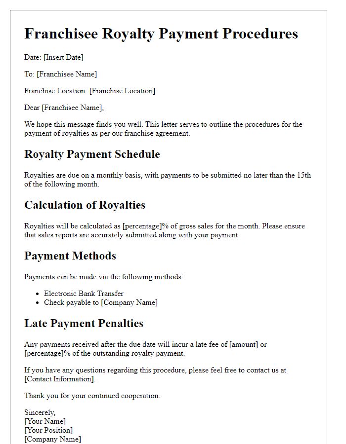 Letter template of Franchisee Royalty Payment Procedures