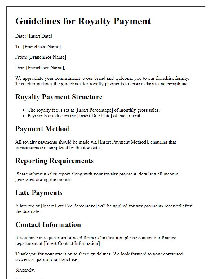 Letter template of Guidelines for Royalty Payment by Franchisees