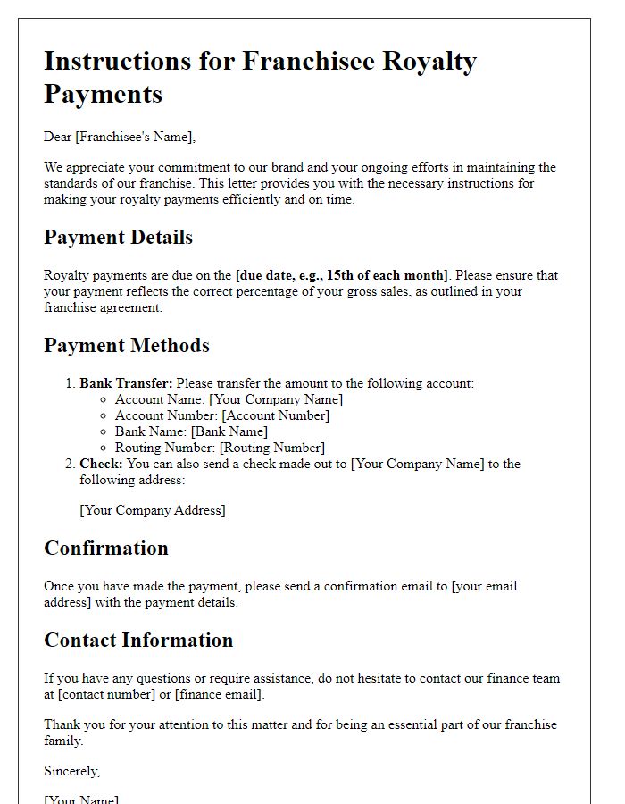 Letter template of Instructions for Franchisee Royalty Payments