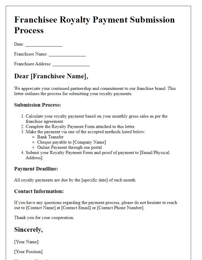 Letter template of Process for Submitting Franchisee Royalty Payments