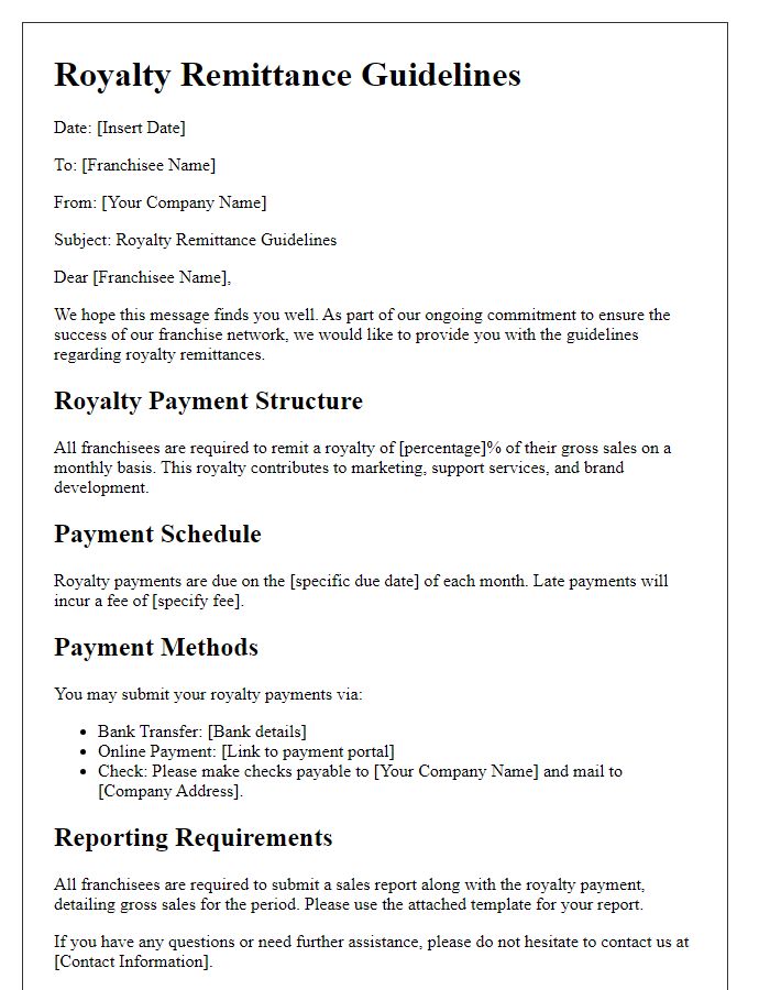 Letter template of Royalty Remittance Guidelines for Franchisees