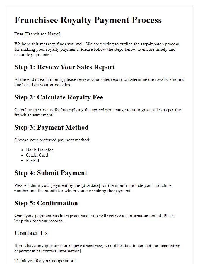 Letter template of Step-by-Step Franchisee Royalty Payment Process