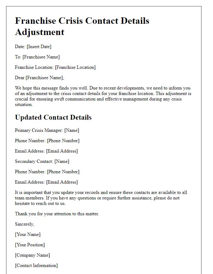 Letter template of franchise crisis contact details adjustment