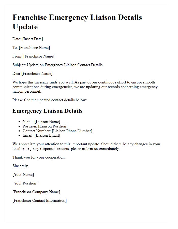 Letter template of franchise emergency liaison details update