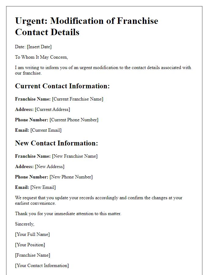 Letter template of franchise urgent contact details modification