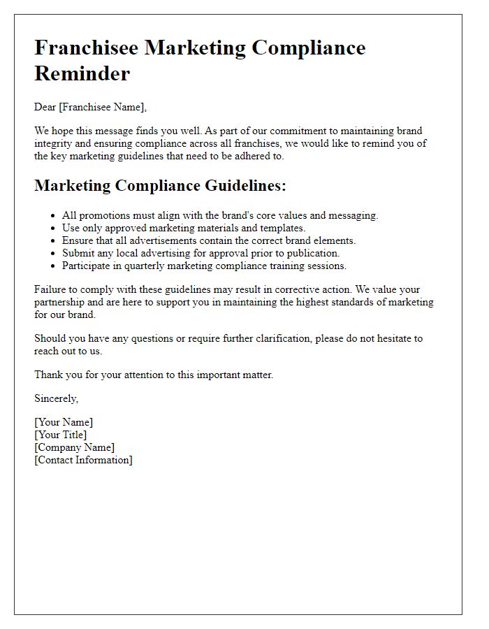 Letter template of franchisee marketing compliance reminder