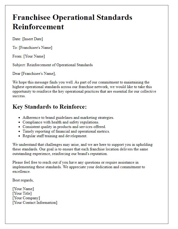 Letter template of franchisee operational standards reinforcement