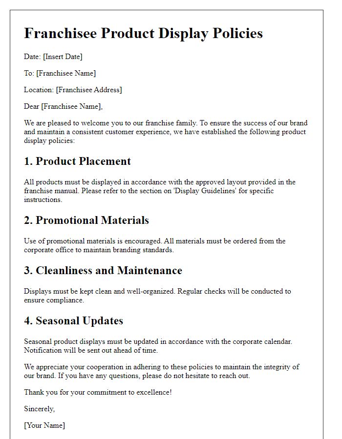 Letter template of franchisee product display policies