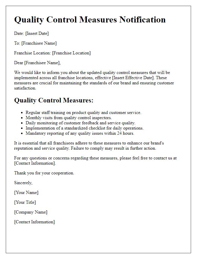 Letter template of franchisee quality control measures notification