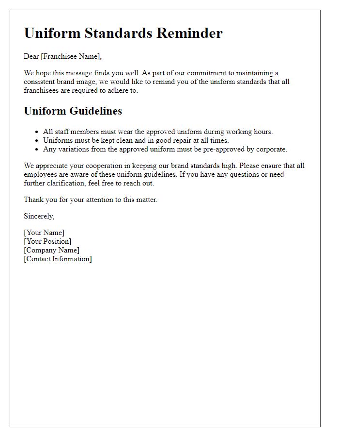 Letter template of franchisee uniform standards reminder