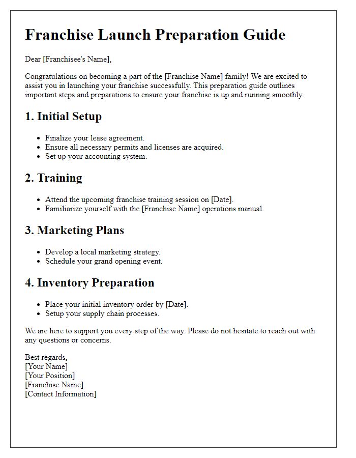 Letter template of franchise launch preparation guide