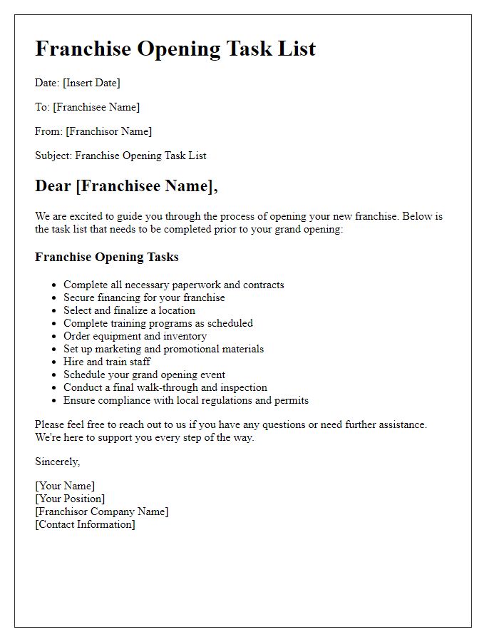 Letter template of franchise opening task list