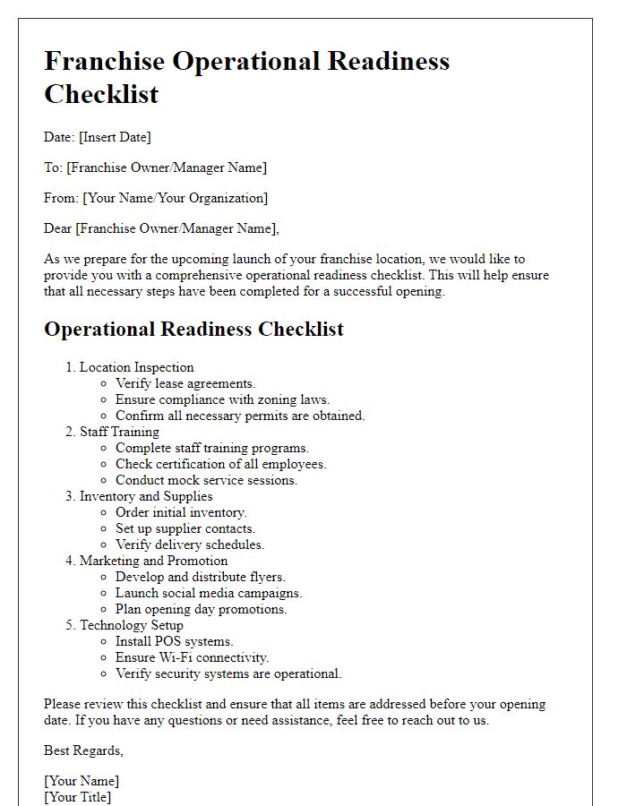 Letter template of franchise operational readiness checklist