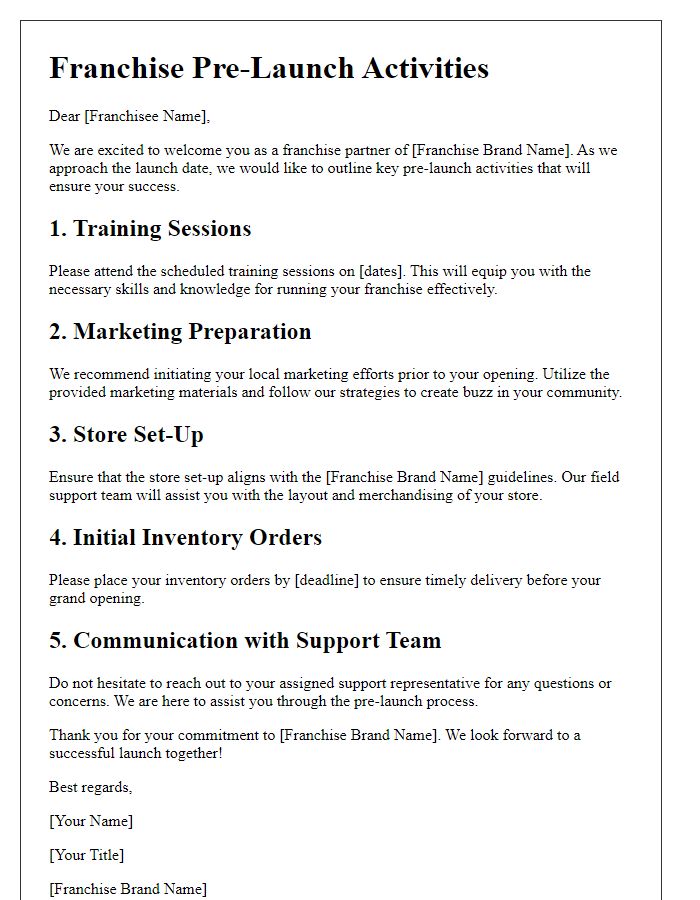 Letter template of franchise pre-launch activities