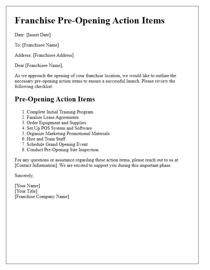 Letter template of franchise pre-opening action items