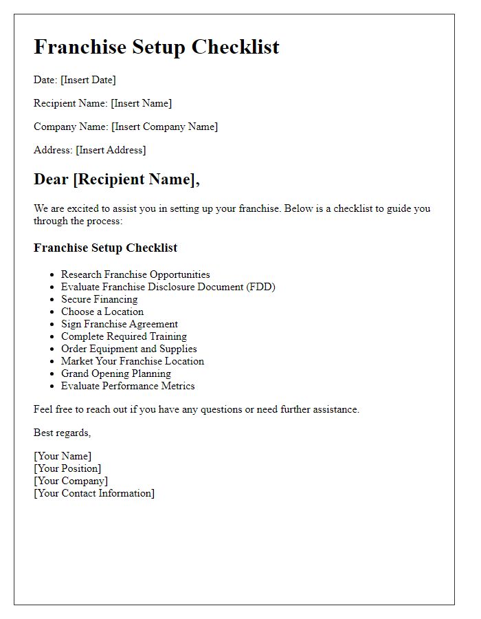 Letter template of franchise setup checklist