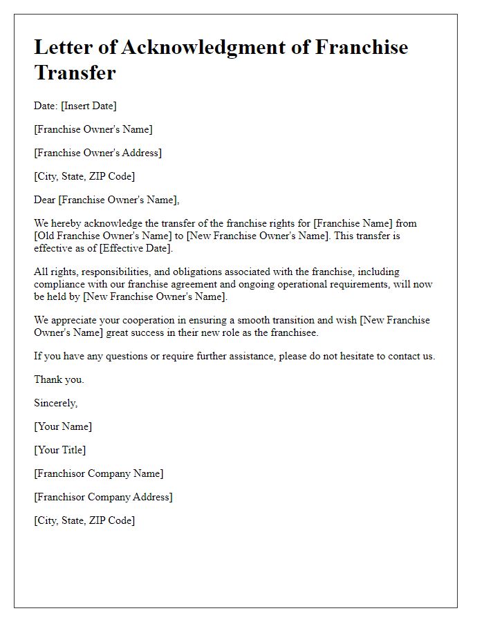 Letter template of Acknowledgment of Franchise Transfer