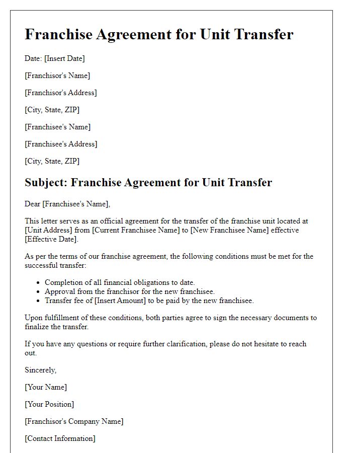 Letter template of Franchise Agreement for Unit Transfer