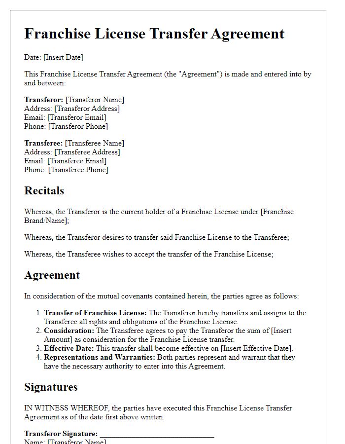 Letter template of Franchise License Transfer Agreement