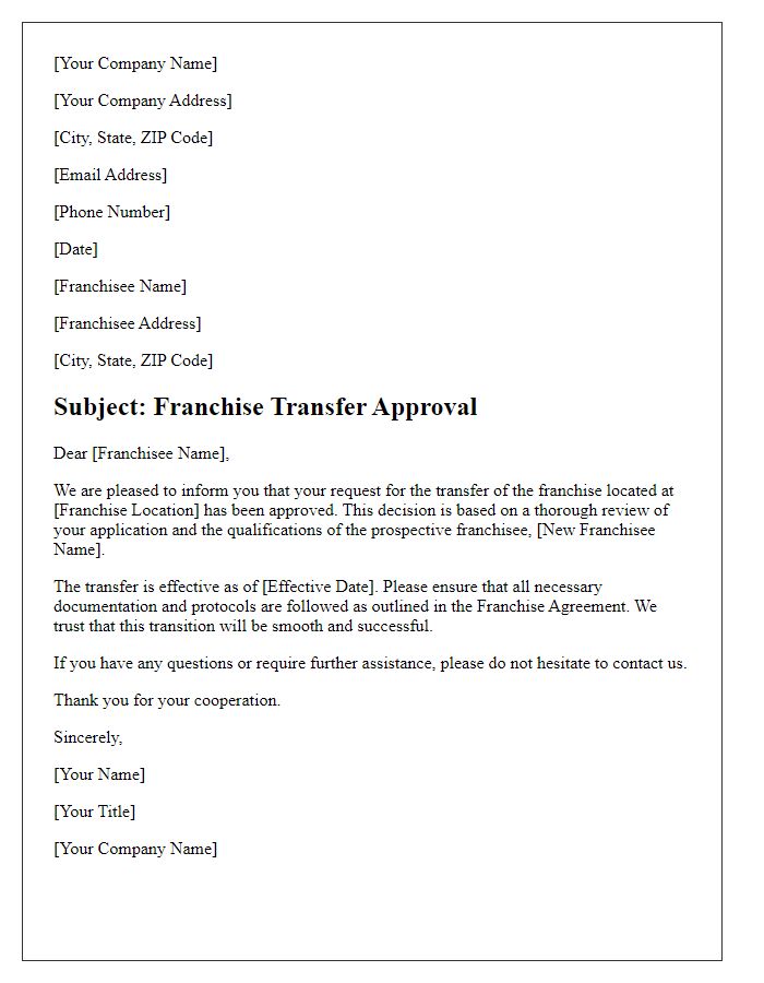 Letter template of Franchise Transfer Approval