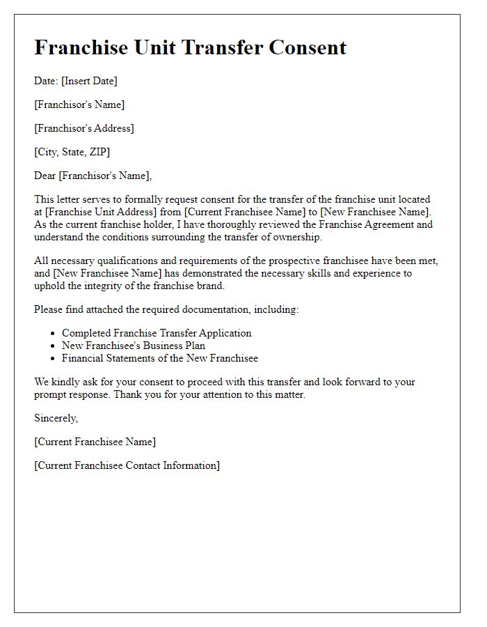 Letter template of Franchise Unit Transfer Consent