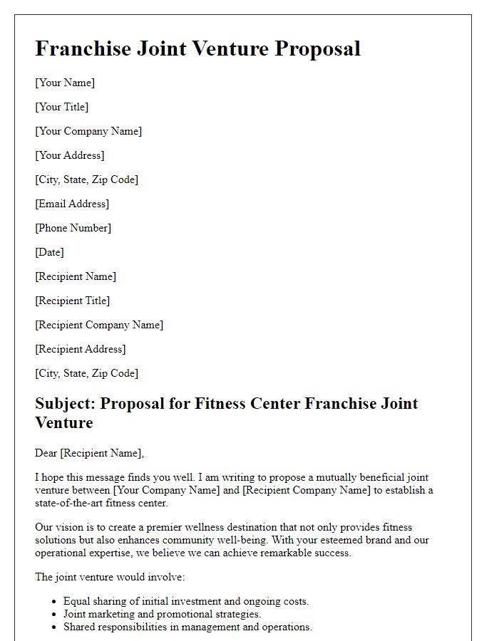 Letter template of franchise joint venture proposal for fitness center collaboration.