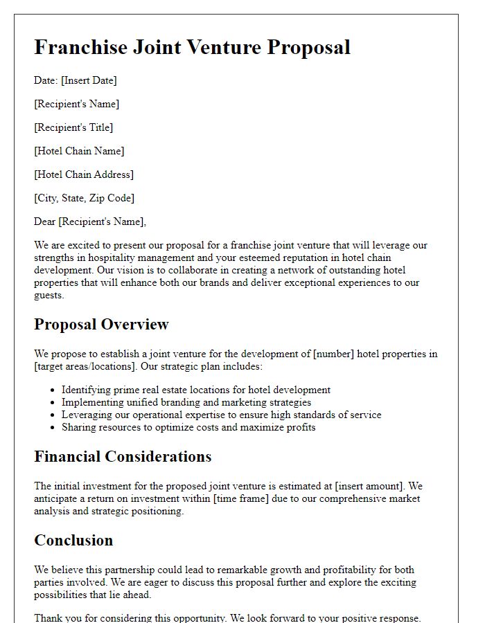 Letter template of franchise joint venture proposal for hotel chain development.