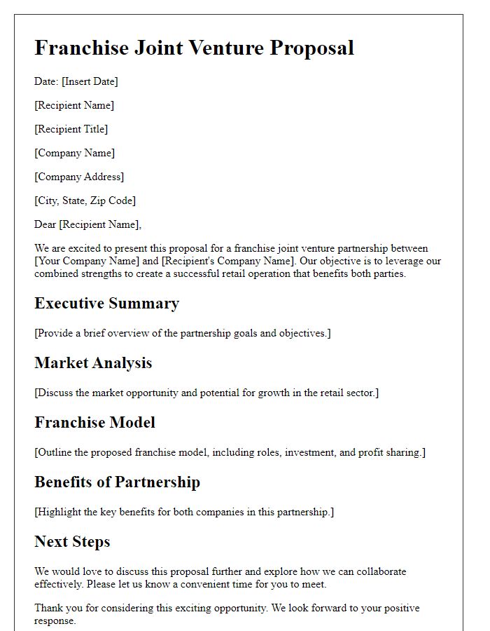 Letter template of franchise joint venture proposal for retail partnership.