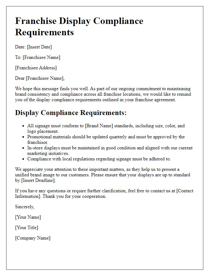 Letter template of franchise display compliance requirements.