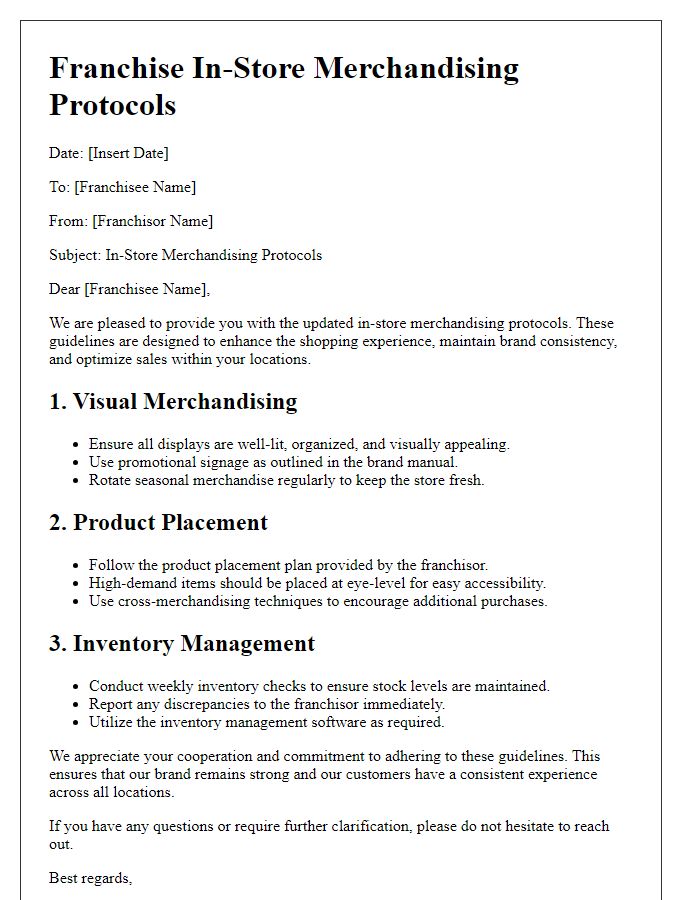 Letter template of franchise in-store merchandising protocols.