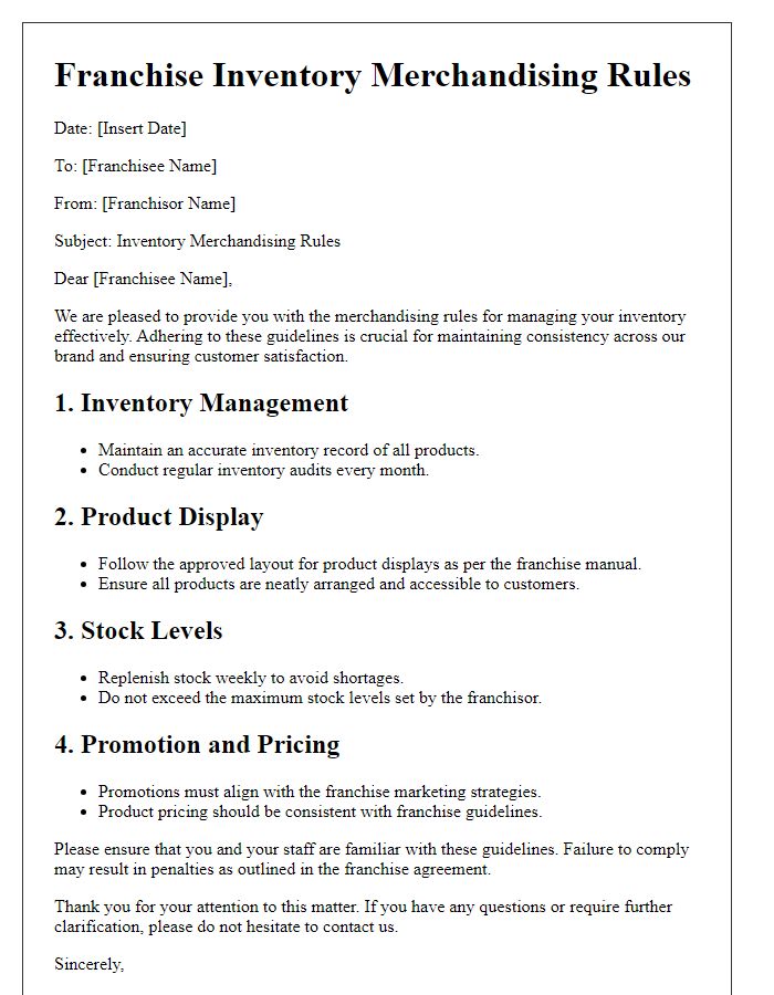 Letter template of franchise inventory merchandising rules.