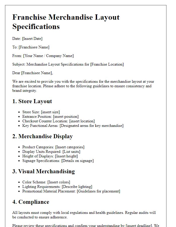 Letter template of franchise merchandise layout specifications.