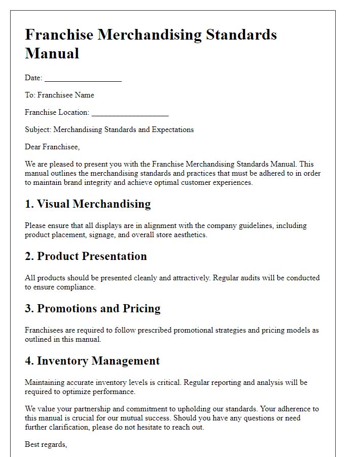 Letter template of franchise merchandising standards manual.