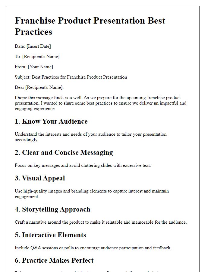 Letter template of franchise product presentation best practices.