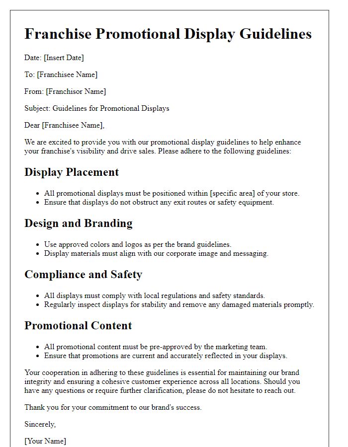 Letter template of franchise promotional display guidelines.