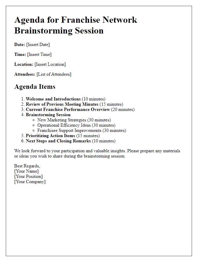 Letter template of agenda for franchise network brainstorming session.