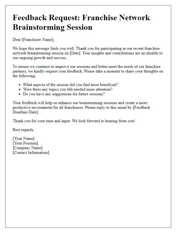 Letter template of feedback request for franchise network brainstorming session.