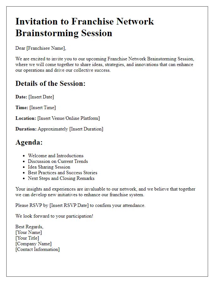 Letter template of invitation for franchise network brainstorming session.