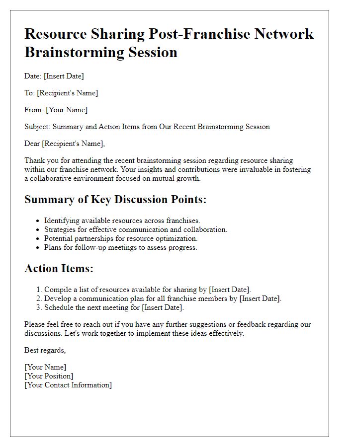 Letter template of resource sharing post-franchise network brainstorming session.