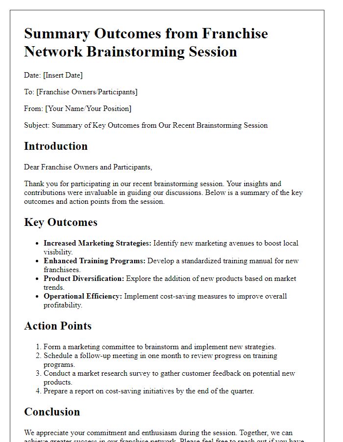 Letter template of summary outcomes from franchise network brainstorming session.