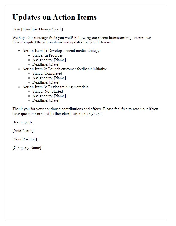Letter template of updates on action items from franchise network brainstorming session.