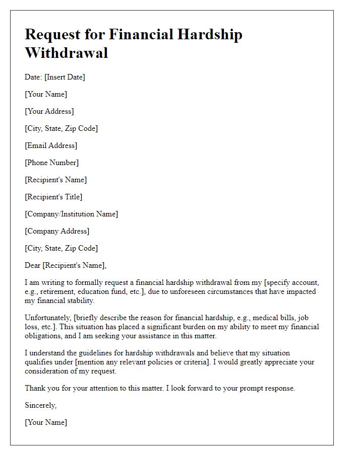 Letter template of request for financial hardship withdrawal