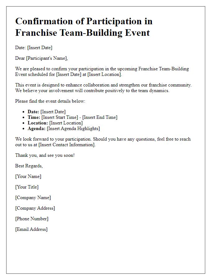 Letter template of confirmation for franchise team-building participation