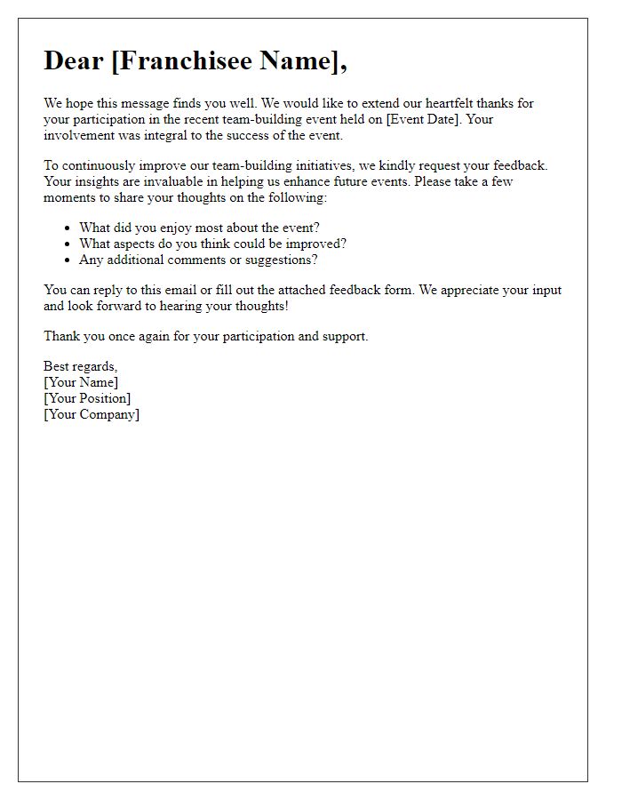 Letter template of feedback request for franchise team-building event